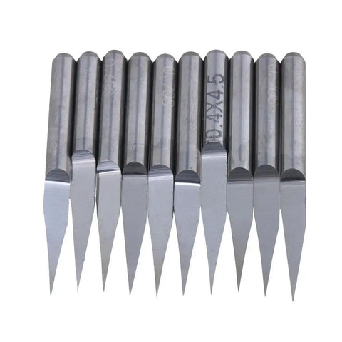 Pack of ten Heavy Duty 1/8 Inch Shank Ten Degree Carbide Cnc Router Bits With Zero Point One Millimeter Precision Tips.