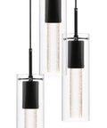 Three Light Kitchen Island Pendant In Matte Black Finish With Clear Glass Cylinder Shades And Bubble Crystal Orbs, LED Bulb Compatible