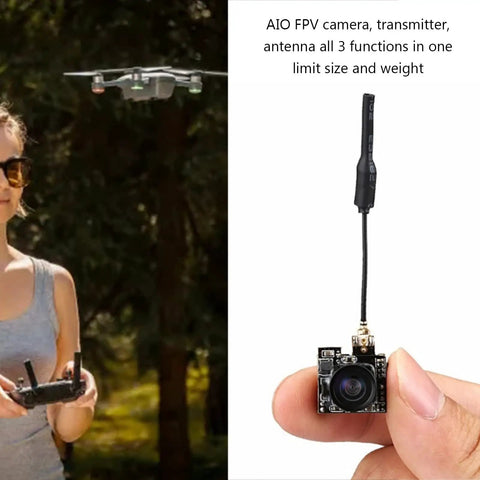 FPV All In One Camera With 5.8GHz 40CH 25mW Switchable Transmitter For Indoor Drone Racing shown in hand for scale