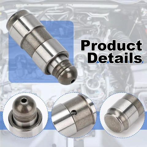 Close-up of 16 Piece Hydraulic Valve Lifter Set For 1.4L L4 Engines showing lifter details and engine backdrop.