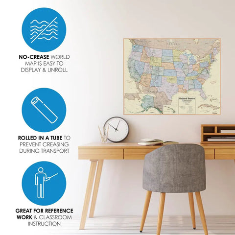 Boardroom Series USA Wall Map Dope Antique Style Laminated Poster in home office setting, 48x38 inches, on wall above desk