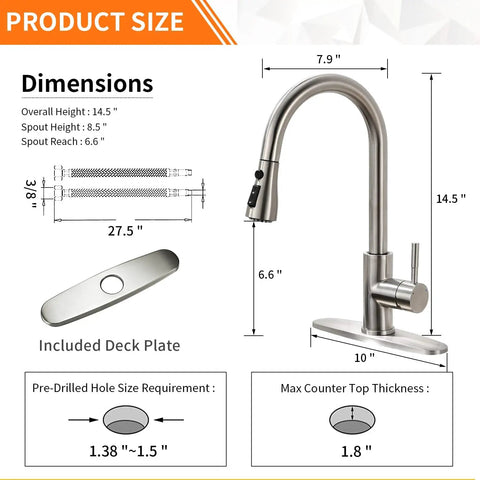 Dimensions and components of Brushed Nickel Kitchen Faucet With Pull Down Sprayer And 18 Inch Hose One Hole Deck Mount Single Lever Handle