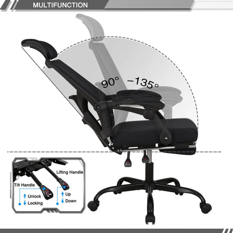 Mesh Ergonomic Office Chair With Footrest Headrest And Adjustable Backrest 90 To 135 Degrees tilt mechanism and swivel wheels