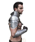 Side view of Handcrafted Steel Pauldron Armor For Gladiators And Larp Warriors A Rugged Metal Shoulder Piece That Elevates Any Fantasy Cosplay.