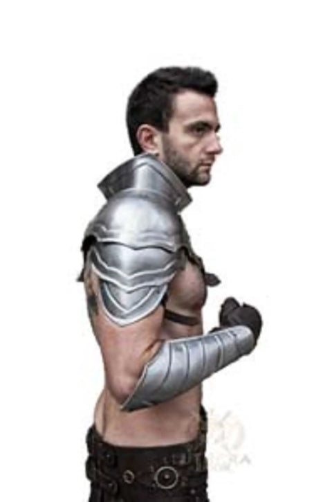 Side view of Handcrafted Steel Pauldron Armor For Gladiators And Larp Warriors A Rugged Metal Shoulder Piece That Elevates Any Fantasy Cosplay.