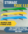 Heavy Duty Wall Mount Kayak Rack for Garage and Outdoor Storage displaying multiple kayaks on rust-proof steel wall racks.