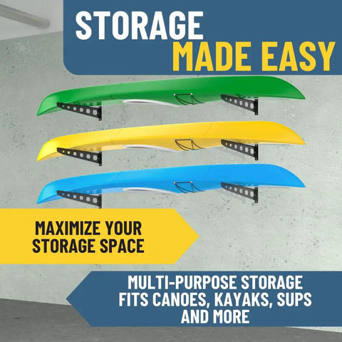 Heavy Duty Wall Mount Kayak Rack for Garage and Outdoor Storage displaying multiple kayaks on rust-proof steel wall racks.