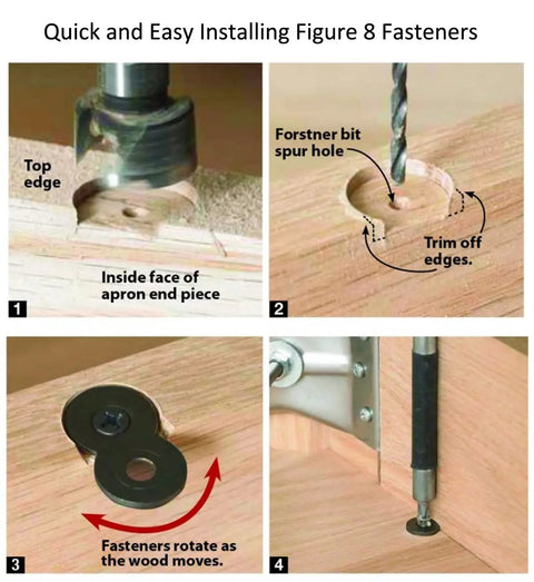 Heavy Duty Figure 8 Fastener Kit for Table Tops and Desks installation guide showing drilling and attachment process, 20 pack.