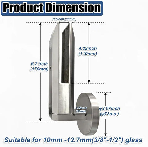 Top Shelf Adjustable Side Mount Glass Railing Clamps Forged From Rust Resistant 304 Stainless Steel For Tempered Glass Deck Rails Easy Does It Diy Mounting All Weather Ready Silver 18 Pack dimensions displayed on the product.