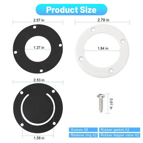 Product size of Self Bailing Cockpit Scupper Valve Kit for Boats with 2 7 8 Inch Rubber Flapper Valve shown with dimensions and parts.