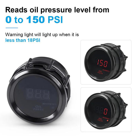Front view of 52mm black digital oil pressure gauge (0-150 PSI) for car/truck/marine.
