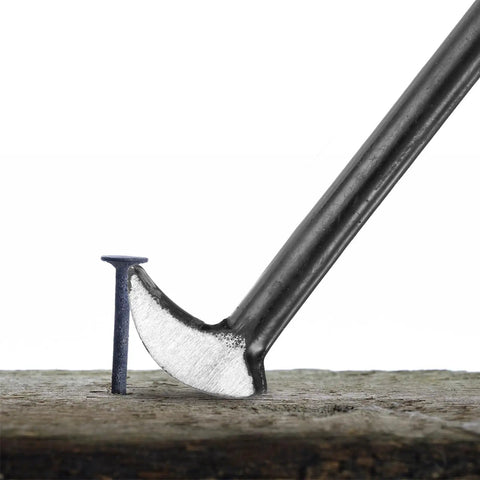 Rolling Head Pry Bar 12 Inch Heavy Duty Carbon Steel Leverage Tool for Auto Repair lifting a nail, focus on head.