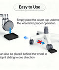 Eight Piece Three Inch Square Black Caster Cups Heavy Duty Badass Grip Anti Skid Furniture leg floor protectors shown under chair wheels.