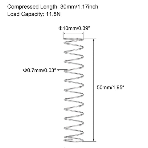 uxcell compression spring, 304 stainless steel, 10mm OD, 0.7mm wire, 9mm compressed length, 50mm free length, 5 pcs