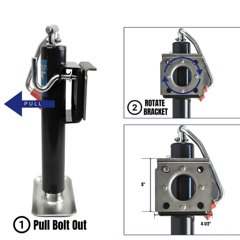 Trailer tongue jack lift with swivel bracket, 2000lb capacity; black steel post and silver base plate