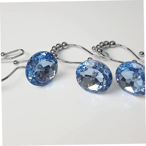 Blue Stainless Steel Shower Curtain Hooks With Rhinestones Rust Resistant Double Glide Rings 12 Piece Set close-up