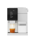 Front view of white No Fuss Fully Automatic Espresso Machine With App Control And Auto Wake And Sleep brewing espresso at home.