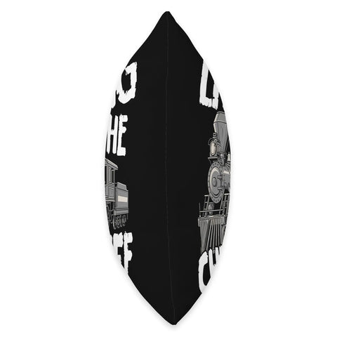 Side view of Chug Life Steam Train Throw Pillow For Kids Locomotive Engine Theme Cushion with train graphic on black background