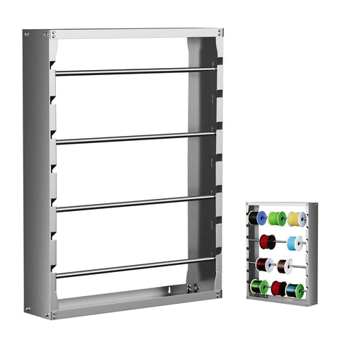 Heavy-Duty Wire Spool Rack Wall Mount with Four Adjustable 5/8 Inch Rods, Cold-Rolled Steel, Gray, shown empty and with spools.