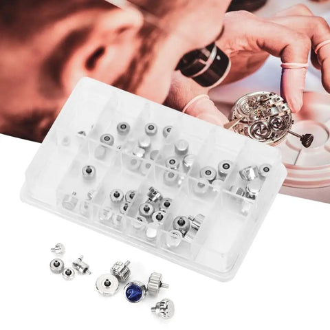 Stainless Steel Watch Crown Replacement Parts Kit With Round Head And Flat Head Crowns For Durable Precision Fit Repair Easy Install No Hassle Direct Fit Silver Finish, shown with assortment box