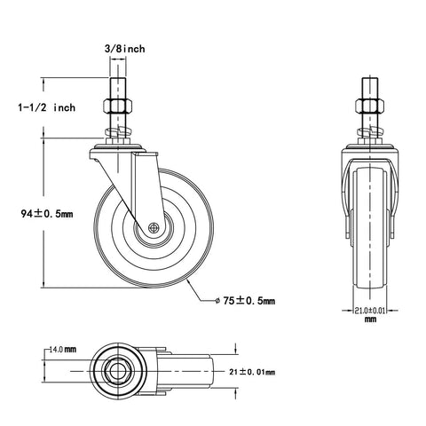 Heavy Duty Three Inch Swivel Rubber Caster Wheels Set Of Four Threaded Stem Casters dimensions and design blueprint