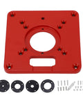 Heavy Duty Aluminum Router Table Insert Plate For Woodworking with accessories, red aluminum base plate, top view.