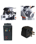 Heavy Duty 72 Inch Belt Sander And Metal Polisher With Variable Speed Drive showing motor, voltage controller, and plug.