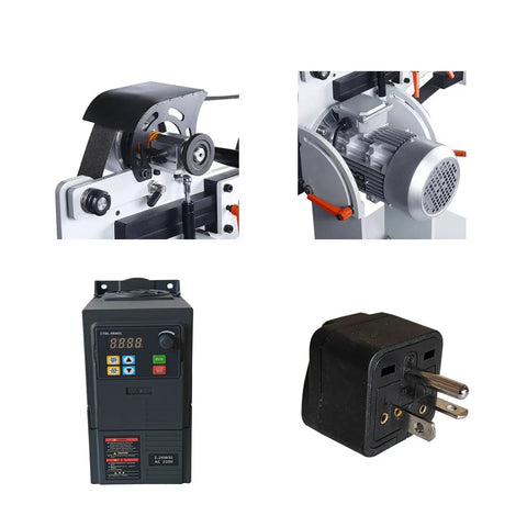Heavy Duty 72 Inch Belt Sander And Metal Polisher With Variable Speed Drive showing motor, voltage controller, and plug.