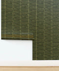 Killer Indigo Geometric Gold Metallic Wallpaper Featuring Slick Fibrous Texture For Top Notch Home Decor And Eco Friendly Vibes That Upgrade Your Space Instantly, showing a partially installed roll.
