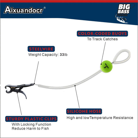 Non Puncture Bass Fishing Cull Tags Set With Six Color Coded Tags And Buoy Keeper showing steelwire and silicone hose.