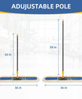 Heavy Duty Industrial Dust Mop With Extra Wide Head And Long Wooden Handle For Swift No Mess Sweeping Includes Two Thick Cotton Pads showing adjustable pole lengths at 50 in and 59 in.