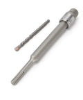 Heavy Duty Hole Saw Arbor Adapter And Drill Rod Connector For Round Shank Electric Hammers showing steel shaft and drill bit.