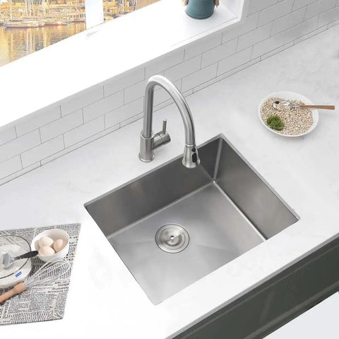 Deep 23 Inch Undermount Stainless Steel Kitchen Sink With 16 Gauge Single Bowl Ultra Durable Rust Resistant Easy Clean Ideal For Kitchen Or Laundry Room And Outdoor Utility Use installed in a modern kitchen area.