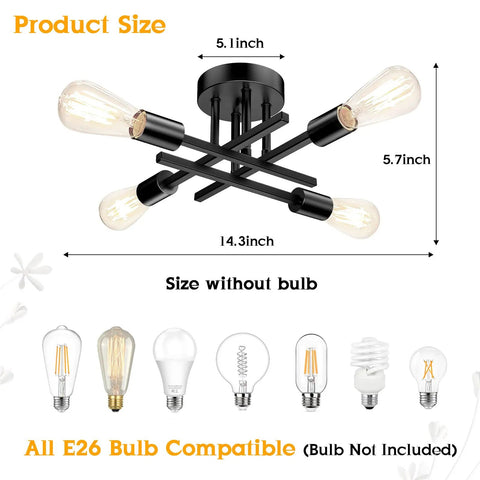 Diagram of a Semi Flush Mount Matte Black Sputnik Ceiling Light Fixture With Four E26 Sockets showing dimensions and bulb compatibility
