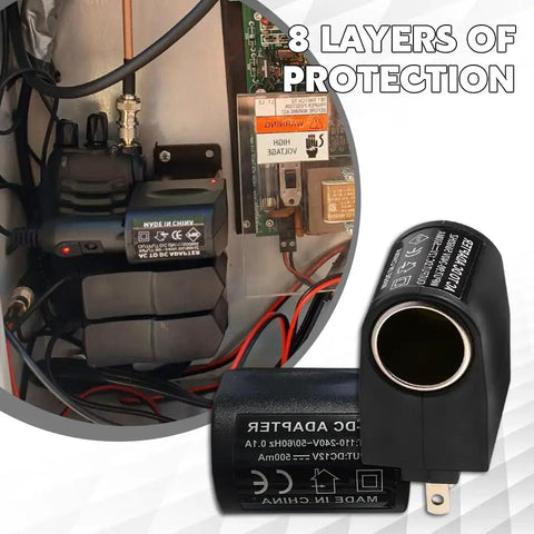 Rock Solid Car Cigarette Lighter Adapter Converts 90 To 240 Volt AC To 12 Volt DC Wall Plug Power Inverter with safety features.
