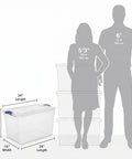 Hella Tough 66 Quart Clear Plastic Storage Bins With Secure Twist Latches And Smart Stack Design beside height reference silhouettes.