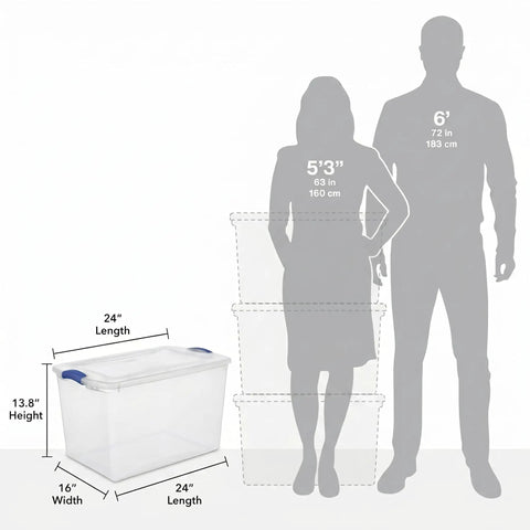 Hella Tough 66 Quart Clear Plastic Storage Bins With Secure Twist Latches And Smart Stack Design beside height reference silhouettes.