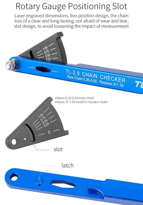 Durable Aluminum Bicycle Chain Wear Indicator Gauge Handy Portable Bike Maintenance Tool with slot and latch