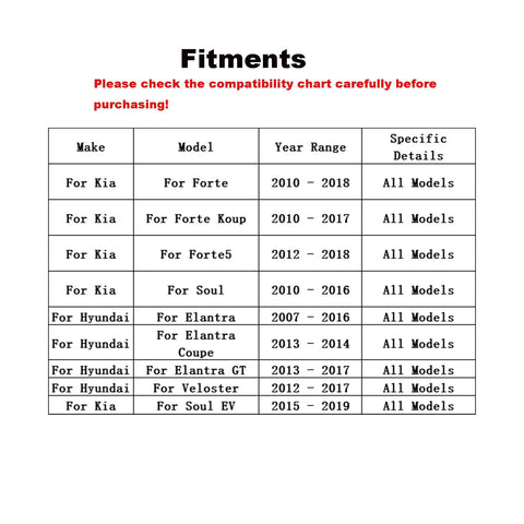 Compatibility chart listing Kia Forte, Forte Koup, Forte5, Soul, Hyundai Elantra, Veloster models and years.
