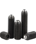 Premium Spring Ball Plunger Set Screws M10 By 20mm Black Coated Grade 129 Alloy Steel Hex Socket Allen Grub Bolts arranged together.