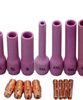 TIG Collet Bodies And Extra Long Ceramic Nozzle Cups Set For SR WP 9 20 25 TIG Welding Torch 796F Series 17 PC displayed
