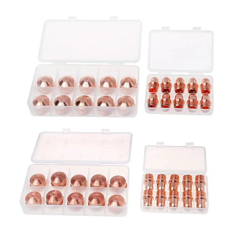 Top Tier Plasma Cutter Parts Consumables Including Electrodes And Nozzles For A101 A141 Machines 20 Pcs Set in organized storage.