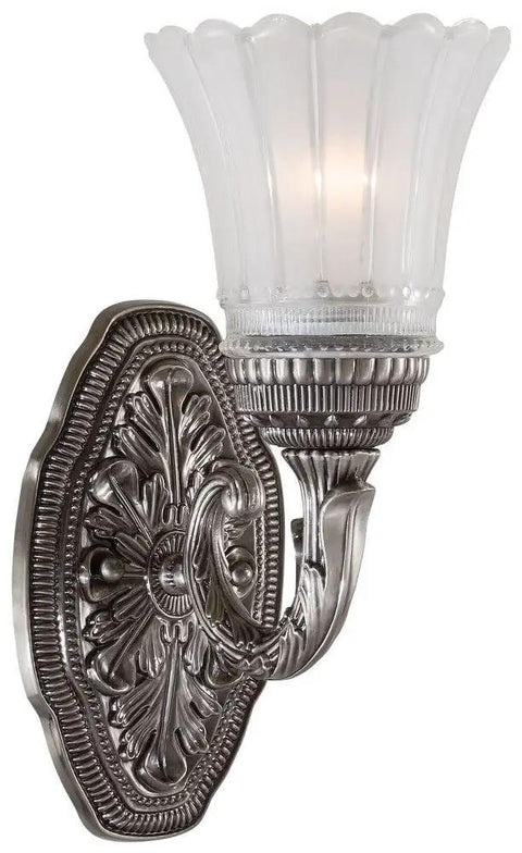 Old School Brushed Nickel Finish Wall Sconce With Etched Glass, Eleven And A Quarter Inch Tall, Five Inch Wide Glass, Extends Seven And A Half Inches From Wall, Clear Etched Glass, Uses One Hundred Watt Bulb, Classic Indoor Lighting Fixture