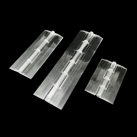Clear Transparent Piano Hinge Set For Piano Box Lids Plexiglass Length 10Pcs Durable DIY Hinges displayed on black background.