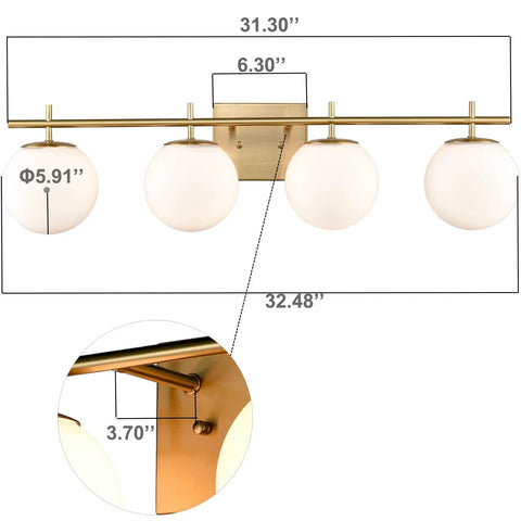 4-Light Brass Vanity Light With Milky White Glass Globes, Modern Wall Fixture For Bathroom Or Powder Room, Brushed Brass Finish, Dimmable, Easy Install, Lit Vibe For Your Space, showing measurements