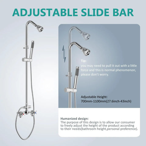 Wall Mount Outdoor Shower Kit With Handheld Spray, Double-Handle Exposed Shower, Chrome Finish, adjustable slide bar detail