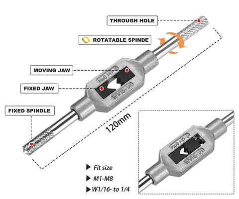 Compact 10 Piece Pro Grade HSS Micro Tap Set M1 To M3.5 With Adjustable Tap Wrench showing moving and fixed jaws detail, 120mm length