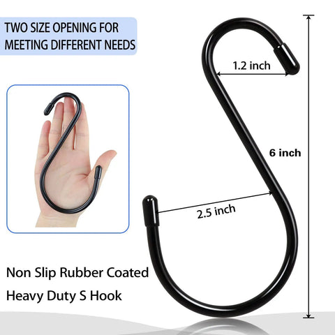 Heavy Duty 6 Inch S Hooks Set Of 12 Vinyl Coated No Slip Metal Hangers for indoor outdoor use with size reference diagram.