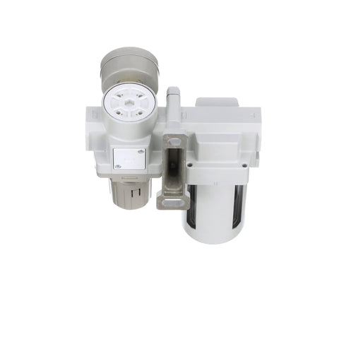 Top view of Heavy Duty Air Filter Regulator Combo With Three Quarters Inch NPT, Poly Bowl And Metal Guard, Manual Drain, Gauge, Mounting Bracket