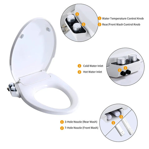 Elongated Bidet Toilet Seat With Hot And Cold Water Non Electric Self Cleaning Dual Nozzles Slow Close Lid Quick Release